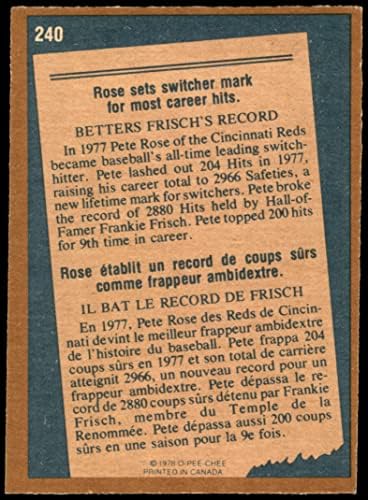 1978 O-Pee-Chee 240 Rekordot Pete Rose Cincinnati Reds (Baseball Kártya) VG Vörösök