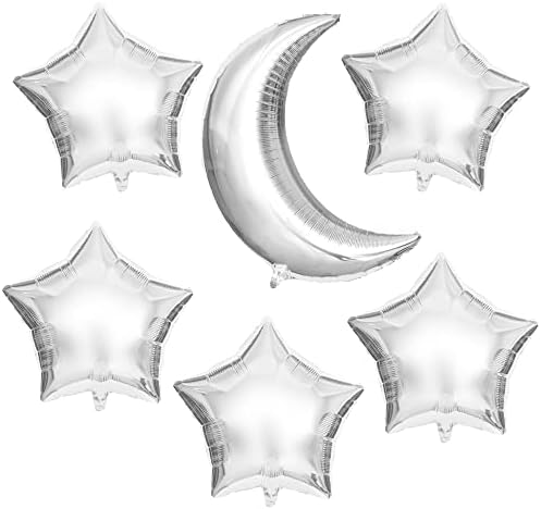 KatchOn, Hold Lufi Ezüst Csillag Lufi - 22 Hüvelykes, Csomag 6 | Metál Ezüst Lufi | Space Lufi, Ezüst Hold, Csillag Lufi