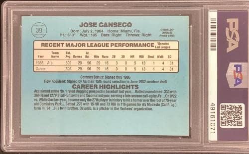 Jose Canseco Aláírt 1986 Donruss 39 Névleges Újonc Kártya Autogramot PSA/DNS-Auto-10 - Baseball Asztalon Dedikált Kártyák