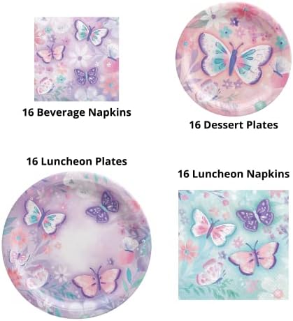 Pillangó Fél Decorrations Kellékek Set - Csomagban Tablewarefor 16 Vendégek Papír Tányérok, Szalvéták, Műanyag Terítő Lila, Rózsaszín, Teal
