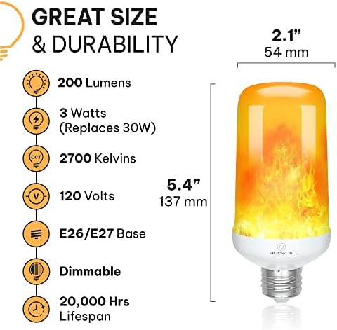 Hudson LED Láng Hatású Izzók, 4 Üzemmód Fejjel Lefelé Hatás - 3W Vibrálás Láng Izzó E26/E27 Bázis (2 Csomag) - Villogó Izzó Narancssárga Tűz,