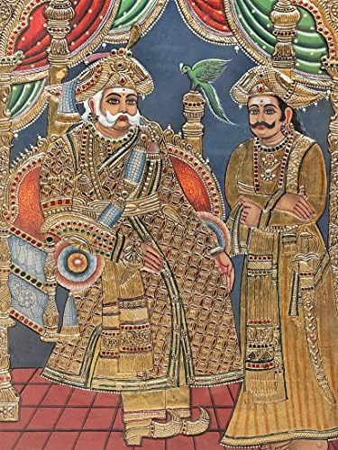 Egzotikus India 23 x 29 A Király Tanjore Festmény | Hagyományos Színek, 24 karátos Arany | Tíkfa Keret | Arany & Woo