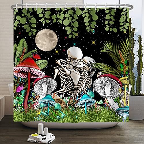 Gomba Koponya Csontváz Virágos zuhanyfüggöny a Holdfényes Kertben Hippi Gótikus Természetes Zöld Levelek Növények Esztétikai Fürdőszoba