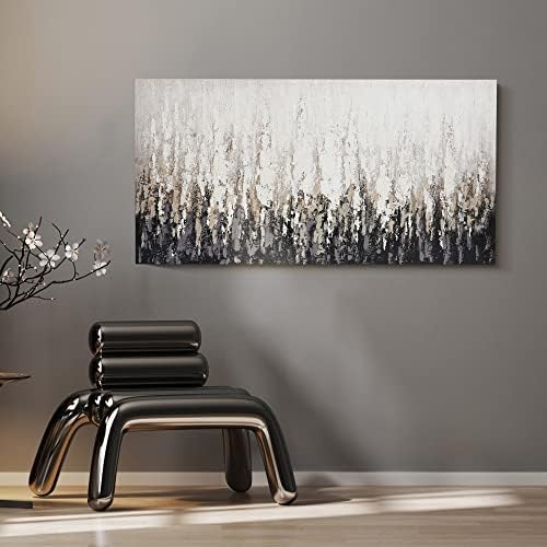 ArtbyHannah Kézzel Festett Absztrakt olajfestmény, Vászon - 20x40 Cm - Fekete-Fehér Modern Wall Art a Hálószobában vagy a nappaliban