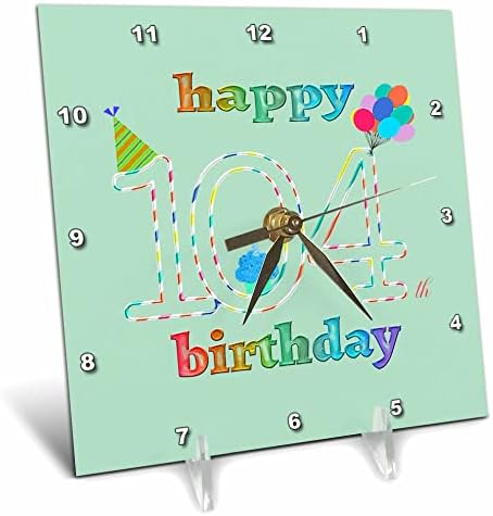 3dRose Boldog 104 Születésnapot, Süti a Gyertyát, Lufi, Kalap. - Desk Órák (dc_352188_1)