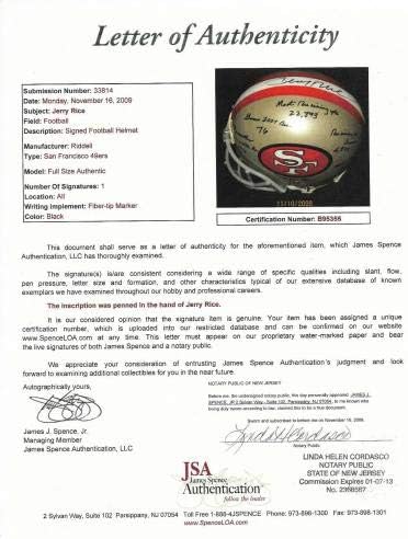 Jerry Rice Aláírt 14 Felirat STAT F/S játék sisak használt 49ers hof SZÖVETSÉG korlátozott - Dedikált NFL Sisak