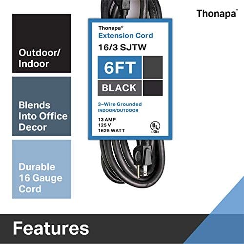 Thonapa 6 Ft [2 Csomag] Fekete Kültéri Hosszabbító Kábel - 16/3 SJTW Időjárásálló Elektromos Kábel, 3 Földelt Csatlakozódugóval