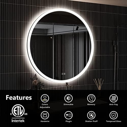 ROOMTEC Kerek Fürdőszoba LED Világító Tükör, Fali Hiúság Smink Tükör Világítás, 3 Színben Szabályozható Fényerő, Vízálló, IP54, Smart Touch