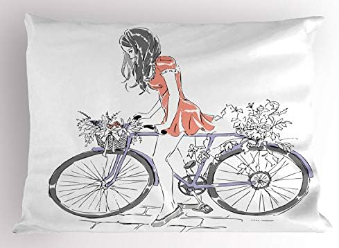 Lunarable Kerékpár párnahuzatot, Vázlat Stílusú Kép a Fiatal Lány Ruha Lovaglás, Kerékpár, Dekoratív Szabványos Méretű Nyomtatott
