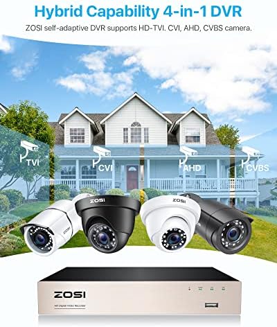 ZOSI H. 265+ 5MP Lite 8 Csatornás CCTV DVR, 4 db 2MP Beltéri Kültéri Dome Kamera,8 CSATORNA 1080P Hibrid 4-in-1 1920TVL HD TVI Felügyeleti