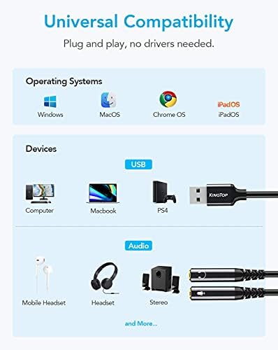 KINGTOP USB-s hangkártya (csak 1ft / 0,3 m), USB-Audio Jack, USB-EGY 3,5 mm-es Női AVR Fejhallgató Mikrofon Jack, Külső Sztereó