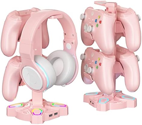 KDD RGB Fejhallgató Állvány 9 Fény Mód - Forgatható Rózsaszín Játék Fejhallgató tartó 3,5 mm-es AUX & 2 USB Port - Alkalmas PC