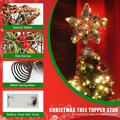 MAIAGO Vintage Rattan Karácsonyi Csillag csúcsdíszt, 10-es Rusztikus Barna Rattan Természetes, 20 LED-es Meleg Fehér Fény, Akkumulátoros,