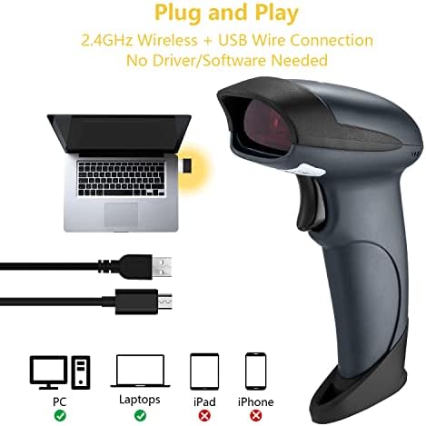 Zacoora Vezeték nélküli Kézi Vonalkód olvasó Sokoldalú 2.4 G Wireless & USB Vezetékes, Ergonomikus kialakítású Kézi Újratölthető