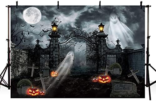 MEHOFOND 8x6ft Halloween Kísértetjárta Ház Fotózás Hátteret Jack O'Lantern Tök Lámpás Terror Elhagyatott Temető Kapu Köd