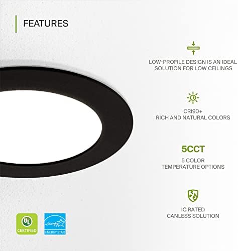 ASD Ultra Vékony, 4 Hüvelykes LED Süllyesztett Világítás, 5 CCT 2700K-5000K Választható, 12W 50W Eqv, Szabályozható Canless Kerek Mennyezeti
