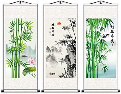 Zzooi Kínai Szerencsés Festmény Ponty Bambusz Wall Art Lóg Selyem Tekercset,Feng Shui Dekoráció