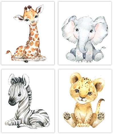 A tervek szerint Maria Inc. Készlet 4 KERETBEN Akvarell Állati Képek Nyomtatása | Baba Gyerekszoba Dekoráció | Állatkerti Állatok Kép | Safari