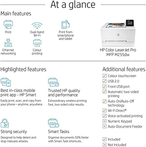 HP Color Laserjet Pro M255dw Vezeték nélküli Lézer Nyomtató Egyetlen Funkció, Fehér - 22 lap / perc, 600 x 600 dpi, 8,5 x 14, Automatikus Kétoldalas