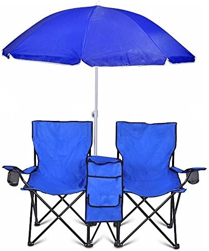 GoTeam Hordozható Kettős Összecsukható Szék w/Cserélhető Esernyő, Hűtőtáska, valamint hordtáska - Kék