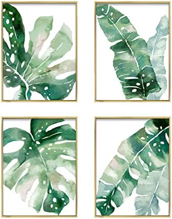 Zessonic Zöld Növény Plakát, Fali Dekor - Akvarell Trópusi Botanikus Levelek Kiírja a Fürdőszoba, Hálószoba Dekoráció, készlet