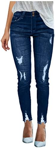 Skinny Jeans Női Vékony Közepén Lyuk Borjú Hosszúságú Szakaszon Capri Szakadt Farmer Nadrág, Nadrág, Kék