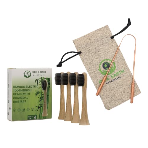 TISZTA FÖLD essentials szájápolási Készlet: Réz Nyelv Kaparó (Csomag 1) & Bambusz Elektromos Fogkefe Fej Kompatibilis Sonicare (Pack 4)