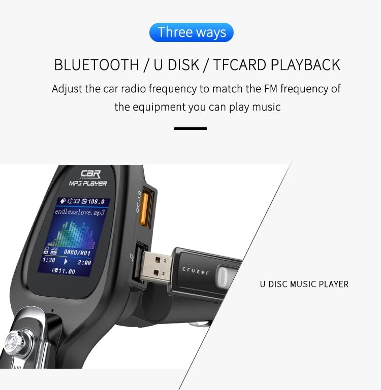 Bluetooth 5.0 Adapter Autós kihangosító Hívás,szivargyújtó-Bluetooth-Adapter QC3.0 &1.44-Es Színes Kijelző Dual USB Portok ，Támogatás