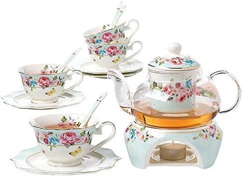 Jusalpha Jól Kína Virág Sorozat Tea Szett-teás csészét, Csészealj Kanál Szett Teáskanna Melegítő & Filter, 16 db 1 készlet (FDMM