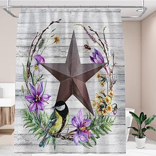 QZJDX Primitív zuhanyfüggöny Fürdőszobai Nyugat-Texas Star Trópusi Virág, Madár, Szürke Fa Deszka Parasztház Ország Dekor Anyag