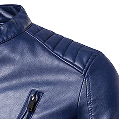 A férfiak Műbőr Báránybőr Motoros Kabát Klasszikus PU Bőr Teljes Zip Kabátok Könnyű Veterán Motorkerékpár Outwear (Kék,4X-Nagy)