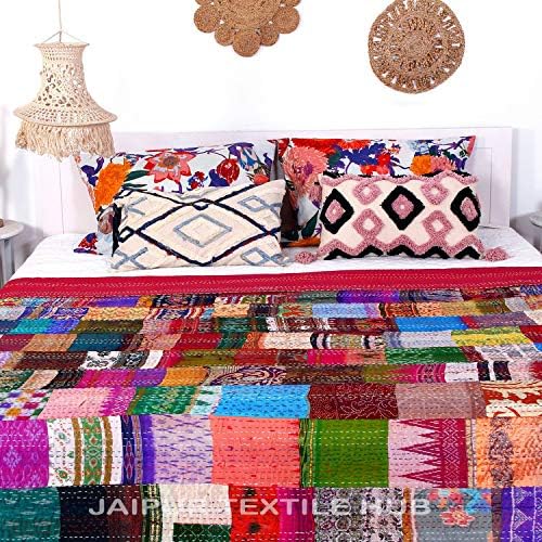 Jaipur Textil Hub Selyem Szárit Királynő Kantha Takaró Patchwork Design Paplanok Királynő Ágytakaró Franciaágy Takaró Indiai Otthoni