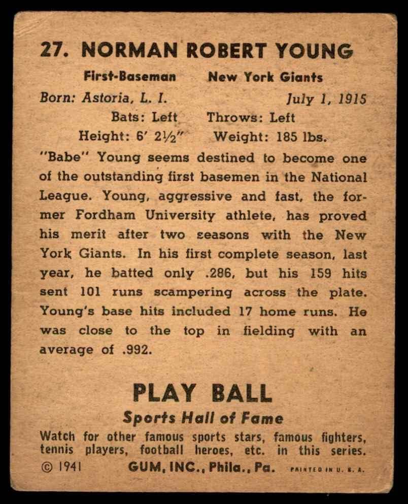 1941 Játszani 27 Bébi Fiatal New York Giants (Baseball Kártya) VG Óriások