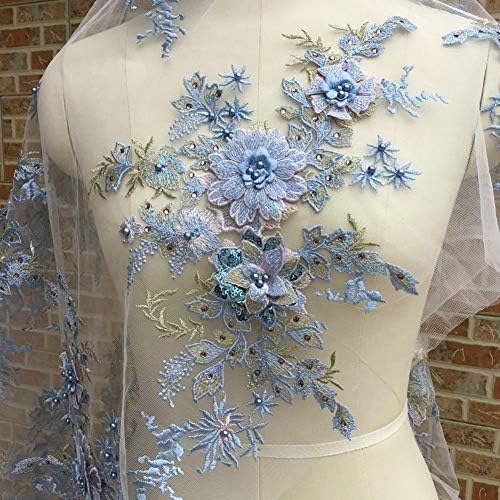 Színes, 3D Virág Hímzéssel Foltok Esküvői Csipke Varrás Szövet Applied Gyöngyös Gyöngy Tulle DIY Esküvői Ruha (Kék)