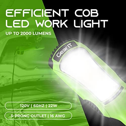 GearIT LED munkalámpa (20 méter) 3000 Lumen COB LED - 16 Gauge SJTW Beltéri/Kültéri NEMA 5-15R Hosszabbító Kábel - Kézi, Forgó Fogas,