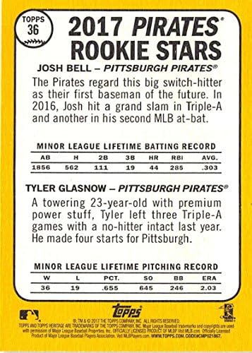 2017 Topps Örökség 36 Josh Bell/Tyler Glasnow Pittsburgh Pirates Baseball Kártya
