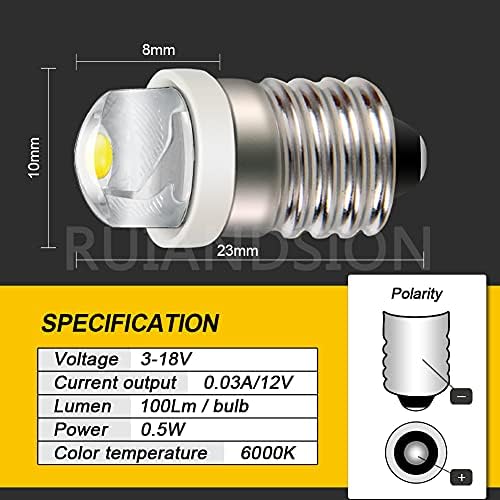 Ruiandsion 2db E10 LED Izzó 3-18V COB 0,5 W Fehér 6000K LED-es Frissítés Izzók Cseréje a Torchlight Zseblámpa elemlámpa Fényszóró,Negatív