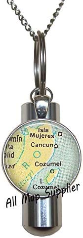 AllMapsupplier Divat Hamvasztás Urna Nyaklánc,Cancun/Cozumel térkép Urna,Cancun térkép Hamvasztás Urna Nyaklánc,Cozumel térkép