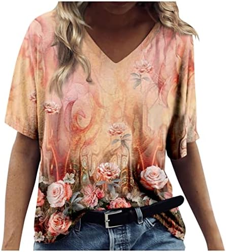 VODMXYGG Virágos Felsők Női Rövid Ujjú Plus Size póló V Nyakú Alkalmi Edzés Vintage Grafikus Bohém Tees Henley Tunika