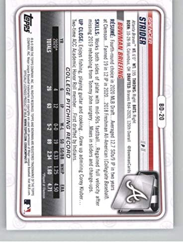 2020 Bowman Tervezet Papír BD-20 Spencer Vándor Atlanta Braves Első Bowman RC Újonc MLB Hivatalos Baseball Kereskedelmi Kártyát