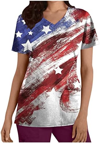 Amerikai Zászló Nyomtatás Bozót, Maximum a Nők július 4-Bozót shirt Zsebbel Ünnepek Elegáns Alkalmi Blúz, Munkaruházat