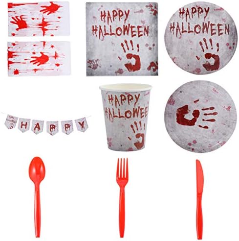 Hemoton Halloween Dekoráció Halloween Meghatározott Véres Bnner 2 Tenyérlenyomat Lemez, Papír Kupa Műanyag Evőeszközök Halloween