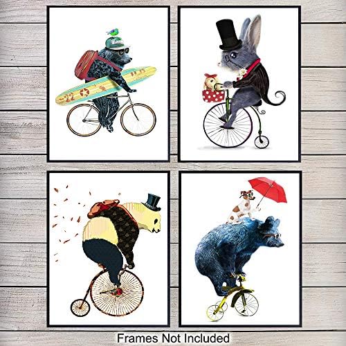 Medve Kerékpáros Kirándulás a Kutya, Egér, Boldog Úti Óvoda Wall Art Dekor Állat a Medve Gördeszka Art Print Plakátok Gyermek