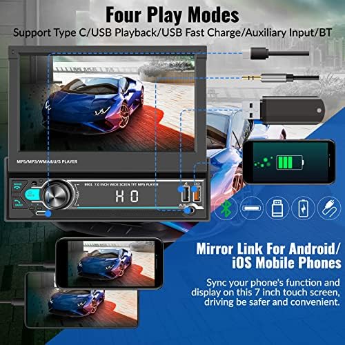 UNITOPSCI Egységes Din autórádió 7 Colos kihajtható érintőképernyő, Bluetooth autórádió FM Tükör Link AUX/TF Kártya Bemenet/Dual USB/gyorstöltés/Autó
