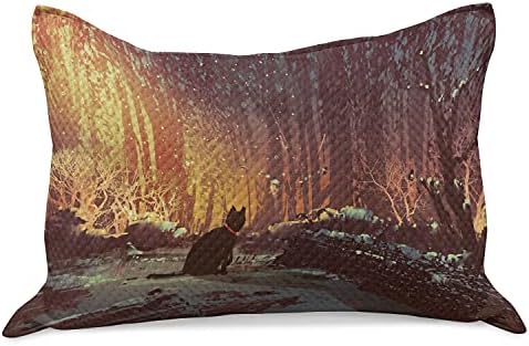 Ambesonne Fantasy Kötött Paplan Pillowcover, Szürreális Elveszett Fekete Macska Mély Sötét az Erdő Misztikus Kép Art Print, Standard