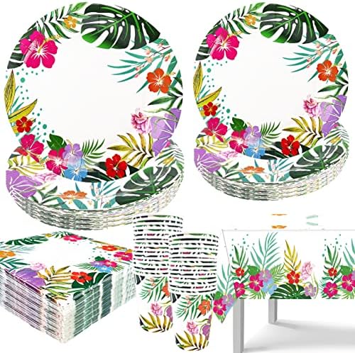 121 DB Hawaii Luau Parti Dekoráció - Aloha Trópusi Buli Asztali Készletek, Beleértve a Tányérok, Szalvéták, Poharak, Abroszt, Nyári Medence,