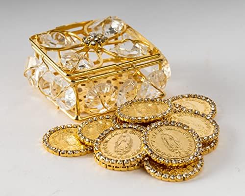 Esküvői Egység Érmék Dekoratív Mágneses Kijelző Esetben - a Klasszikus Arany-bevonatú Szertartás Arras Set - Box Lady of Guadalupe