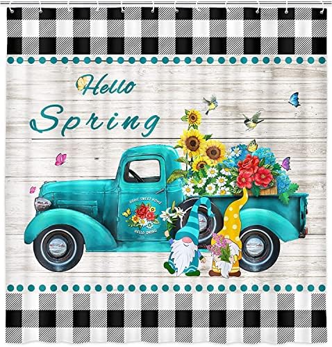 Rusztikus Teherautó Virágos Zuhanyzó Függöny, Vintage Türkiz Autók Virágos Aranyos Törpe Fa Fürdőszoba Kiegészítő, Tavaszi Fekete
