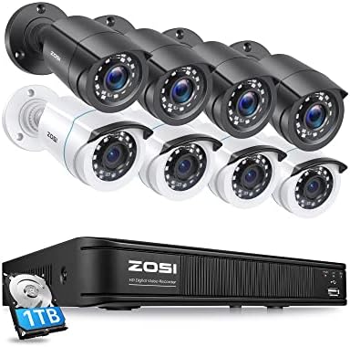 ZOSI H. 265+1080p Biztonsági Kamera Rendszer,5MP-Lite 8 Csatornás CCTV DVR Felvevő Merevlemez, 1 tb-os, 8 x 1080p Bullet Kamera Időjárásálló