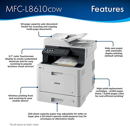 Testvér Szín MFC-L8610CDW All-in-One Vezeték nélküli Lézer Nyomtató Otthoni Office - Nyomtatás Másolás Beolvasás Fax - 3.7 Érintőképernyő,